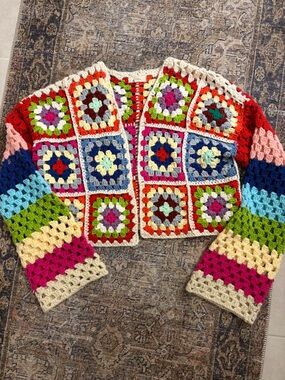 Elan Multicolor Crochet Granny Square Cardigan - Bright Patchwork